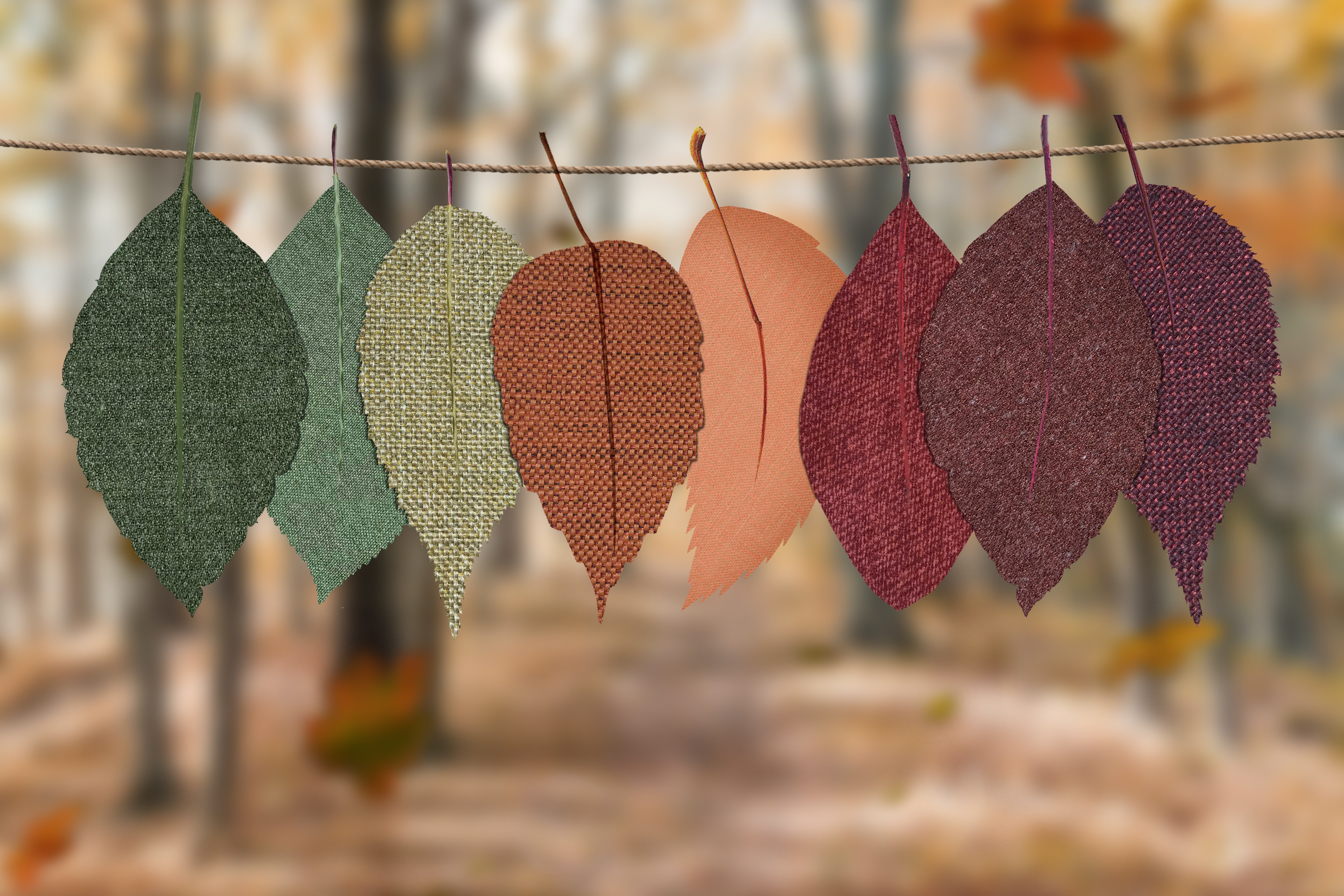  Autumn leaves made from different coloured fabrics hanging on a line in front of a forest scene.