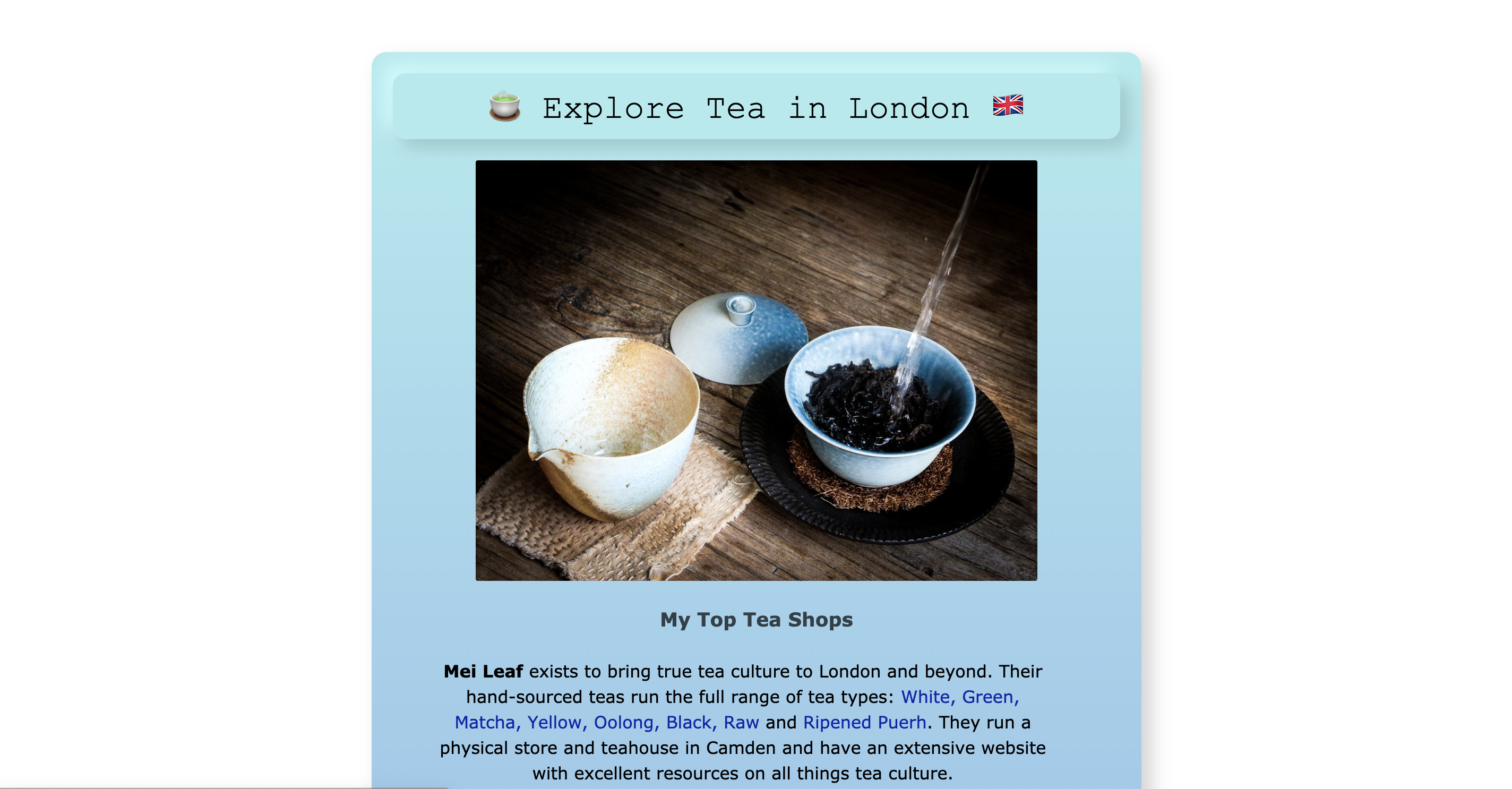 Sky blue website with black text linking to tea shops in London.